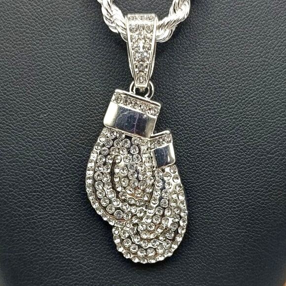 Iced Out Necklace Boxing Gloves 925 Silver Plated Diamond Cut Valentines Gift - Picture 1 of 6